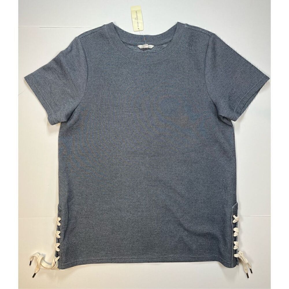 NEW L.L. Bean Signature Short Sleeve Side Tie Heather Navy Sweatshirt Size Large